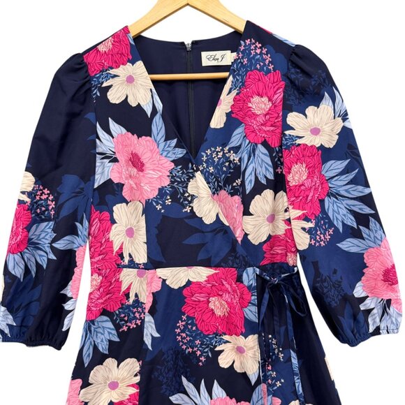 Eliza J Floral Faux Wrap Midi Dress Navy Blue Multi 3/4 Sleeve Lined Size 4 - Picture 5 of 13